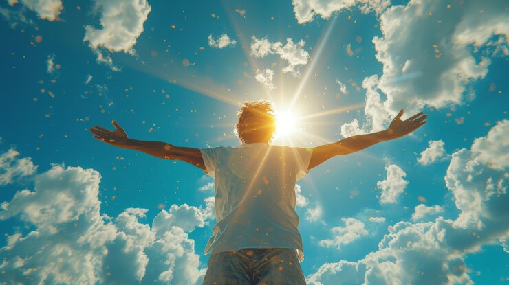 El hombre se siente victorioso se siente poderoso feliz vitalidad prana brillante cielo azul soleado ultra fotorrealista concepto de arte composición cinematográfica regla de los tercios