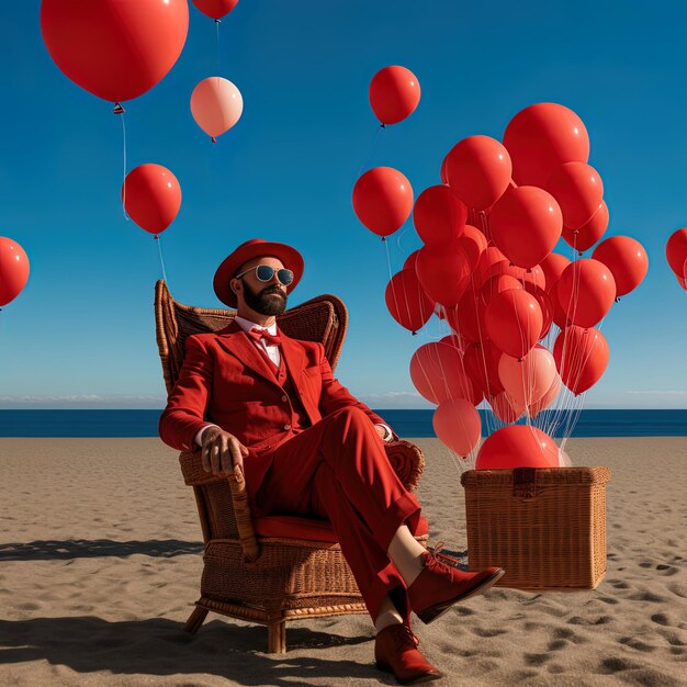 un hombre en una silla con globos rojos en el cielo