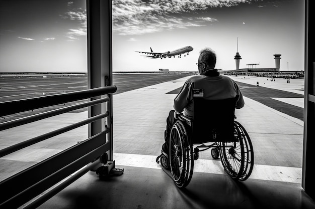 Hombre en silla de ruedas abordando avión con vista a la pista y aviones generativos ai