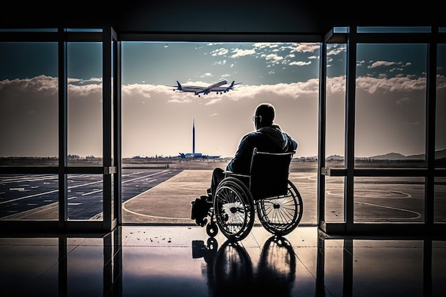 Hombre en silla de ruedas abordando un avión con vistas a la terminal del aeropuerto visible a través de la ventana