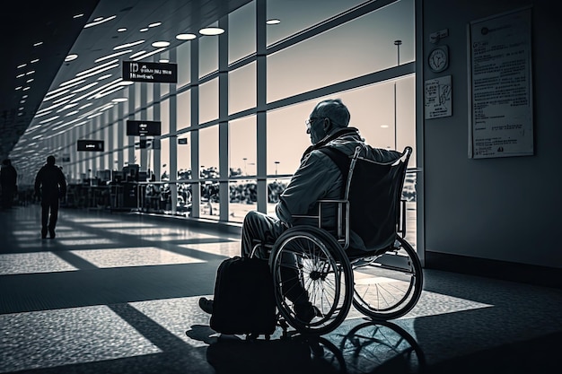 Hombre en silla de ruedas con bolsa de viaje esperando su vuelo en el concurrido aeropuerto