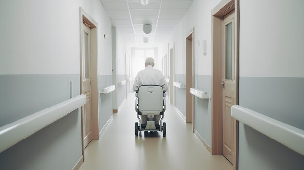 Foto un hombre en silla de ruedas camina por un pasillo del hospital.