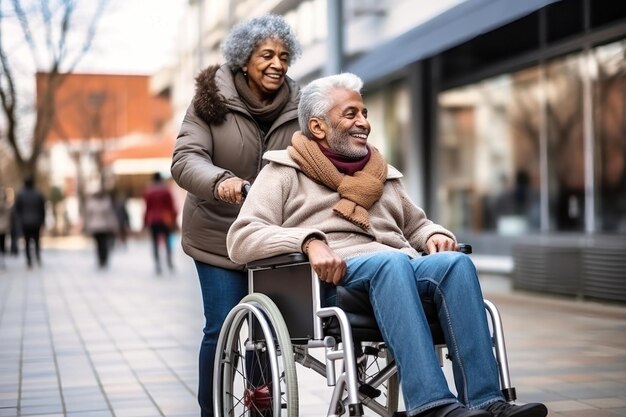 Hombre en silla de ruedas caminando con una mujer en la calle