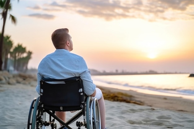 Hombre en silla de ruedas contemplando la vista del océano