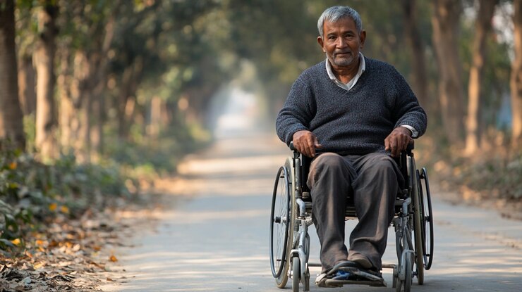 Un hombre en silla de ruedas disfrutando de un día pacífico al aire libre en el Día de las Personas con Discapacidad en un parque sereno