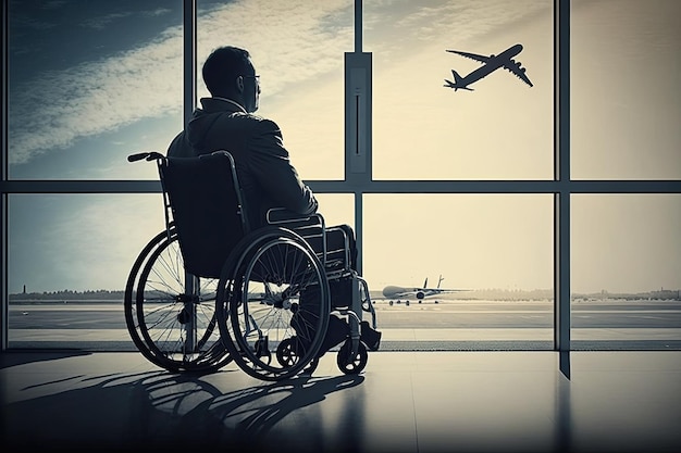 Hombre en silla de ruedas esperando el vuelo mirando por la ventana los aviones y las pistas