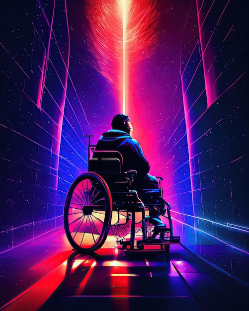 hombre en silla de ruedas esperanza fondo nubes colorida galaxia luz brillante