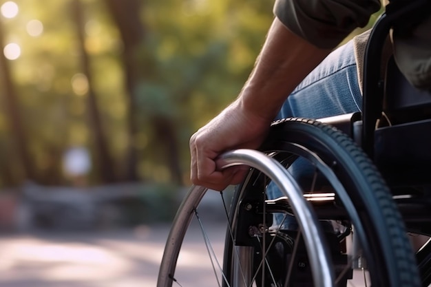 Un hombre en silla de ruedas está sentado en un camino.
