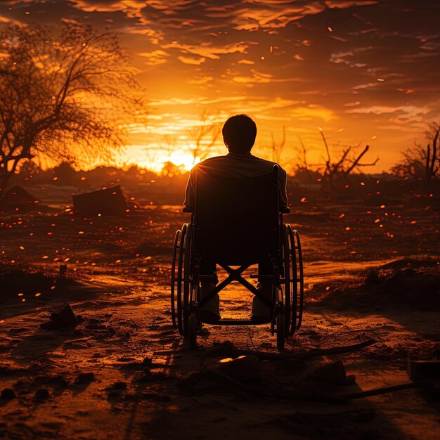 un hombre en silla de ruedas está sentado en el desierto con el sol detrás de él
