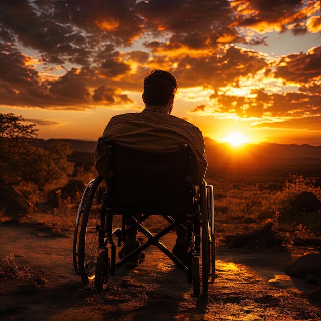 un hombre en silla de ruedas está sentado en un desierto con el sol detrás de él