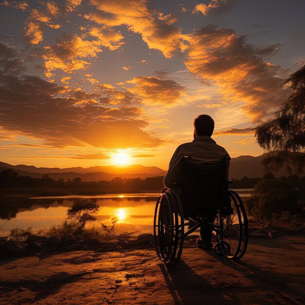 un hombre en silla de ruedas está sentado frente a un lago al atardecer