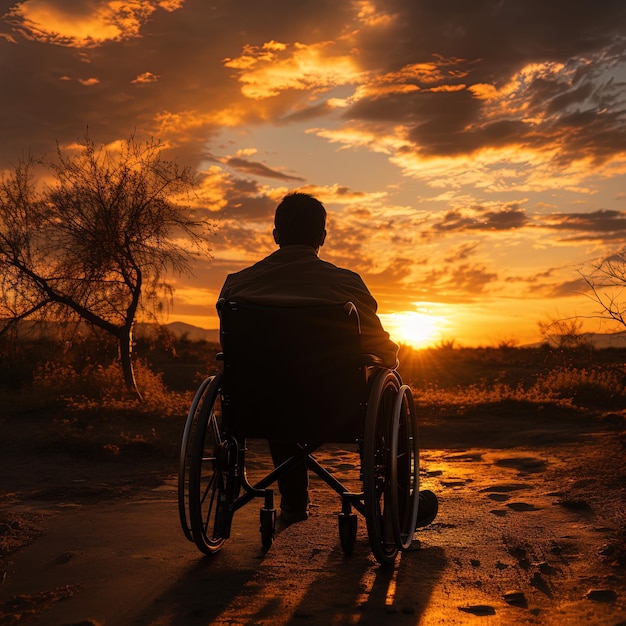 un hombre en silla de ruedas está sentado frente a una puesta de sol