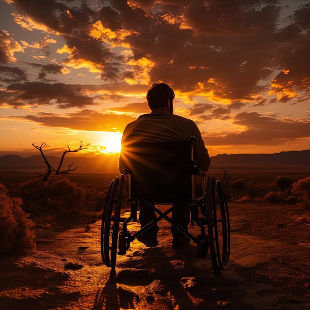 un hombre en silla de ruedas está sentado frente a una puesta de sol