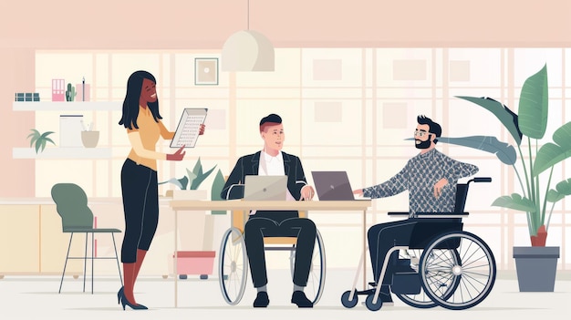 un hombre en una silla de ruedas está sentado en una mesa con una mujer en una Silla de Ruedas y un hombre con una computadora portátil