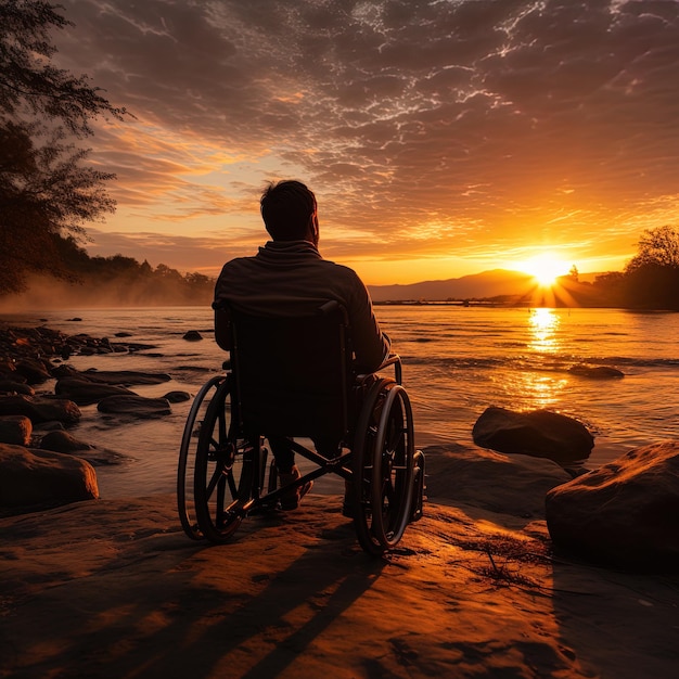 un hombre en silla de ruedas está sentado en una orilla del río con el sol poniéndose detrás de él