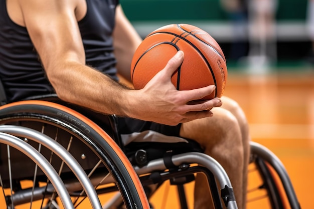 Hombre en silla de ruedas jugando baloncesto IA generativa