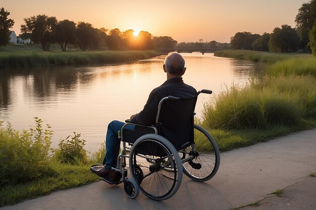 Hombre en silla de ruedas junto al río al atardecer