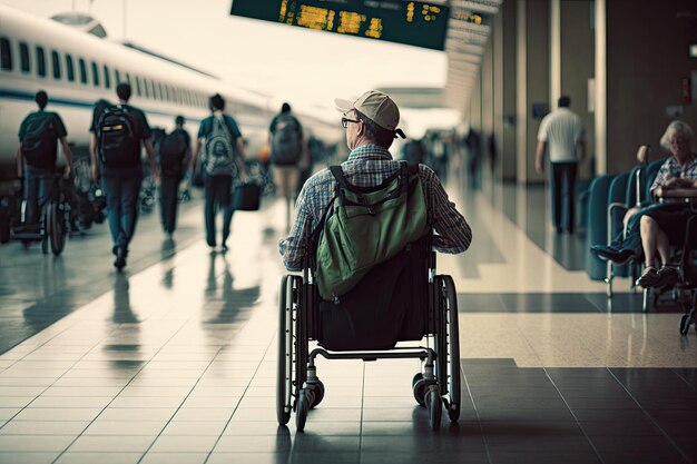 Hombre en silla de ruedas con mochila y bolsa de viaje llegando a la concurrida terminal del aeropuerto