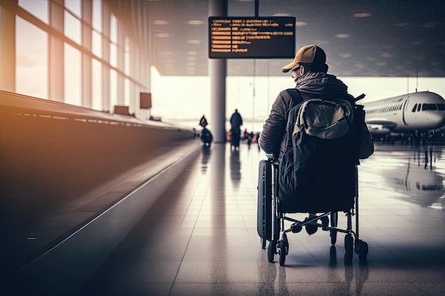 Hombre en silla de ruedas con mochila y bolsa de viaje llegando a la concurrida terminal del aeropuerto