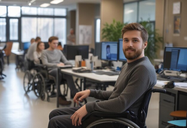 Foto un hombre en una silla de ruedas con un monitor de computadora detrás de él