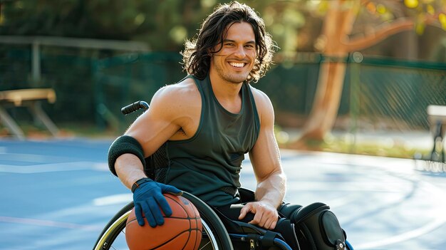 un hombre en silla de ruedas con una pelota de baloncesto en la mano