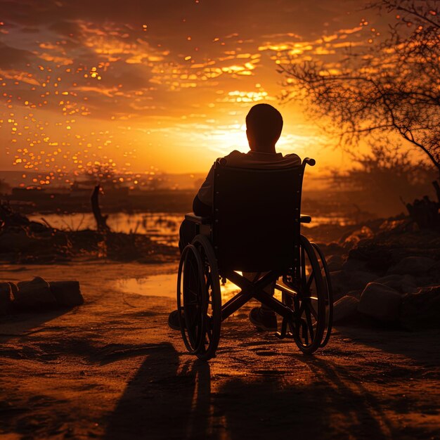 Foto un hombre en silla de ruedas está sentado frente a una puesta de sol