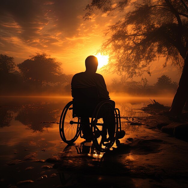 Foto un hombre en silla de ruedas está sentado en un parque con el sol detrás de él