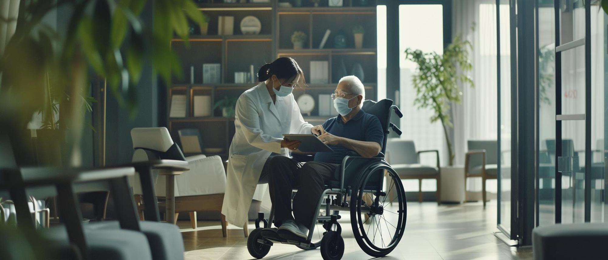 un hombre en silla de ruedas siendo asistido por una enfermera