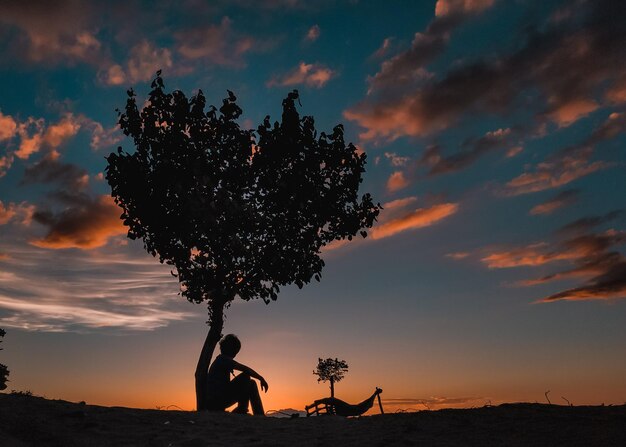Foto hombre silueta sentado junto a un árbol contra el cielo durante la puesta de sol