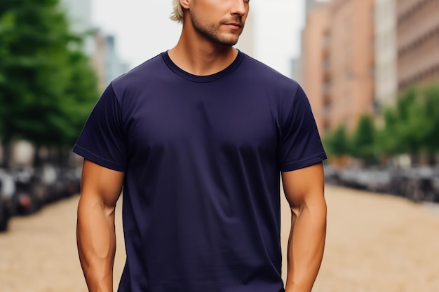Un hombre con una simple camiseta azul marino maqueta de camiseta