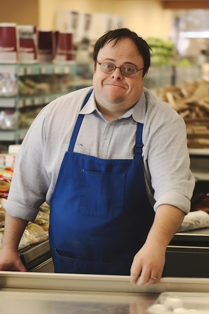 Hombre con síndrome de Down trabajando en un mercado generado por IA