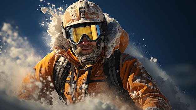 Foto hombre con snowboard en las montañas en una pendiente nevada