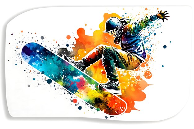 Hombre snowboarder salta sobre snowboard con salpicaduras de acuarela de arco iris aisladas sobre fondo blanco Arte generado por red neuronal