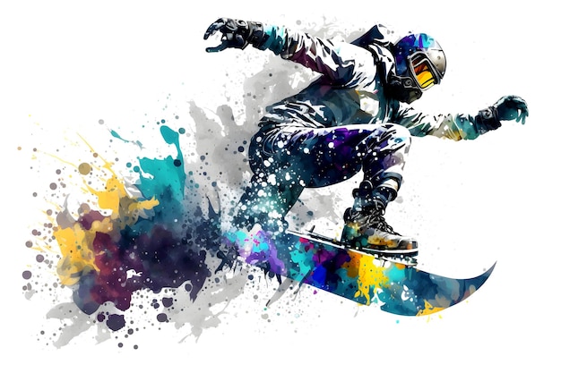 Hombre snowboarder salta sobre snowboard con salpicaduras de acuarela de arco iris aislado sobre fondo blanco Arte generado por red neuronal