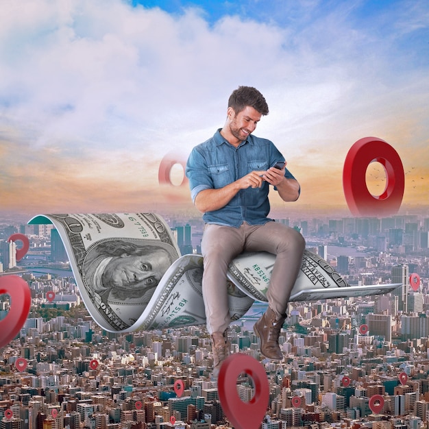 Foto hombre sobre el cielo con recompensas en dinero de compras