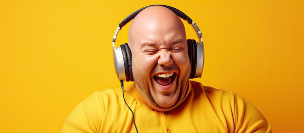 Hombre con sobrepeso de unos 30 años calvo con auriculares disfrutando de la música y usando el teléfono con fondo amarillo