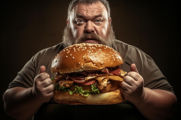 Hombre con sobrepeso comiendo una deliciosa hamburguesa