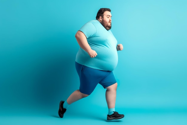 Hombre con sobrepeso corriendo sobre fondo azul Concepto de sobrepeso y pérdida de peso IA generativa