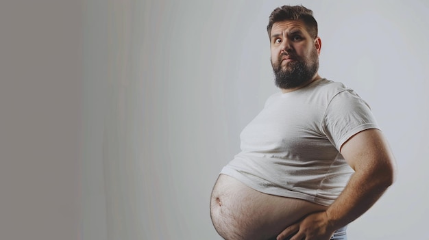 Foto hombre con sobrepeso exhibiendo su vientre gordo contra un telón de fondo blanco