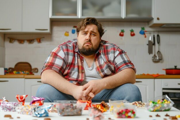 hombre con sobrepeso sentado en la mesa de la cocina moderna brillante con paquetes de dulces