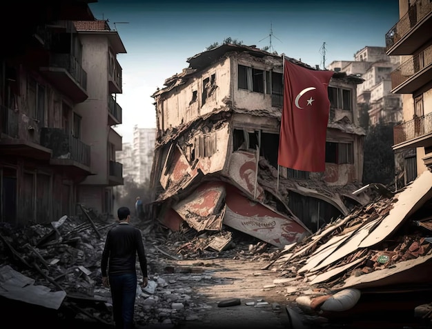 Hombre sobreviviente caminando entre edificios dañados por el terremoto con la bandera nacional de Turquía en ruinas