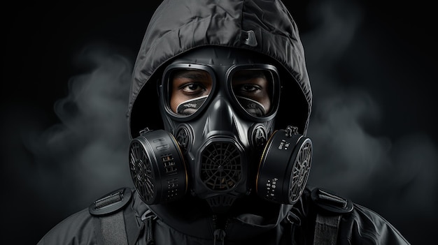 Hombre sobreviviente con máscara de gas en un entorno industrial con fondo de humo oscuro