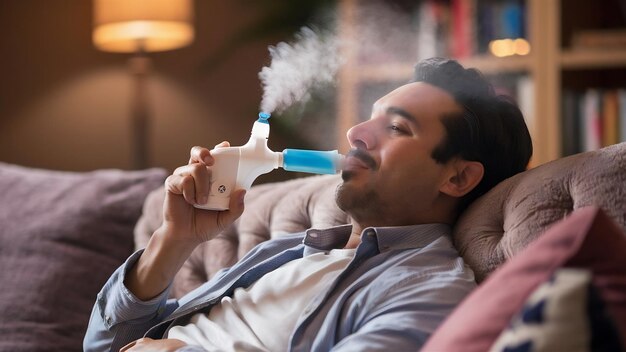 Foto hombre en el sofá con nebulizador de asma