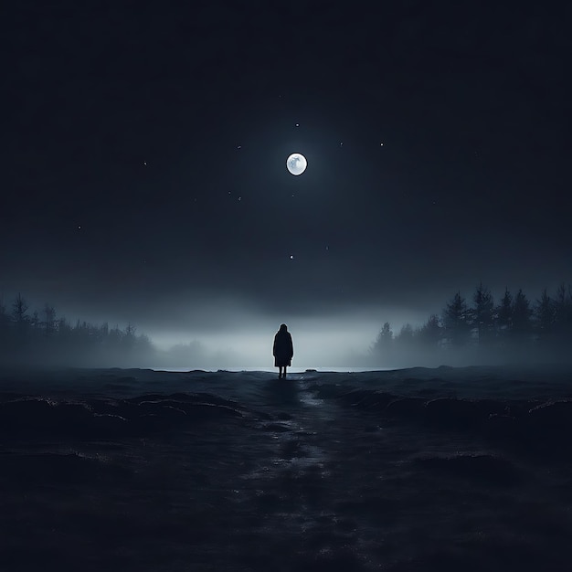 hombre solitario caminando en el bosque con una luna nocturna en el cielo nocturno oscuro a la luz de la luna