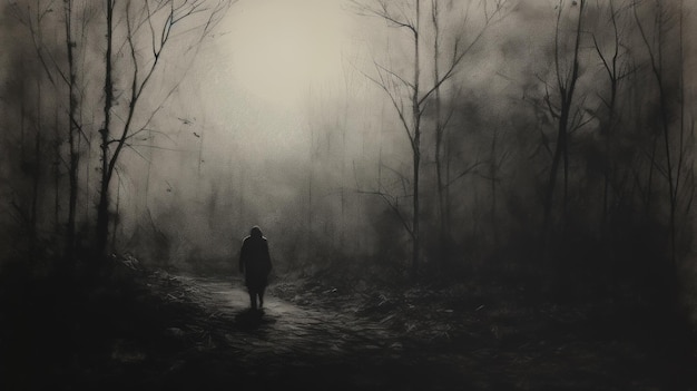 Hombre solitario caminando en el bosque oscuro Dibujo a lápiz de Moody