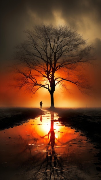 Hombre solitario caminando cerca de un árbol junto al río frente al amanecer hermosa imagen de ilustración IA generativa