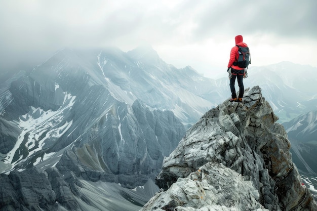 Un hombre solitario se encuentra valientemente en la cima de una majestuosa montaña cubierta de nieve con vistas a un impresionante paisaje invernal que muestra un espíritu aventurero y un sentido de logro