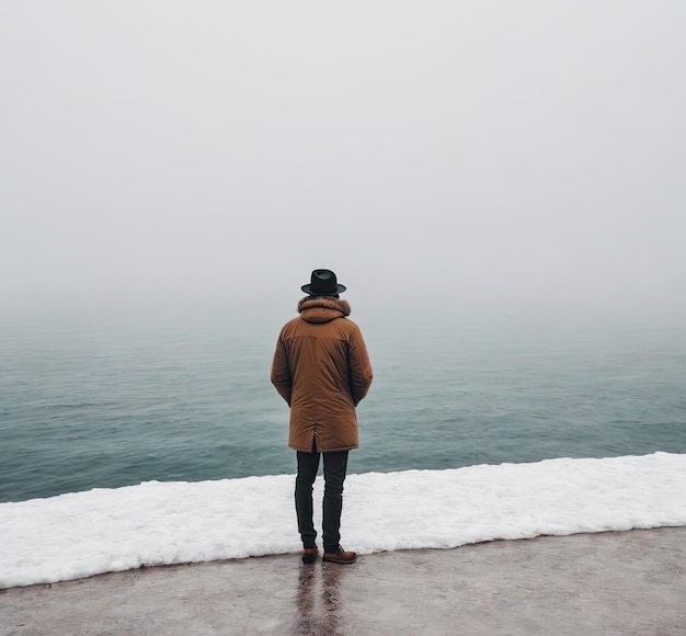 Foto hombre solitario de pie con la espalda a la orilla