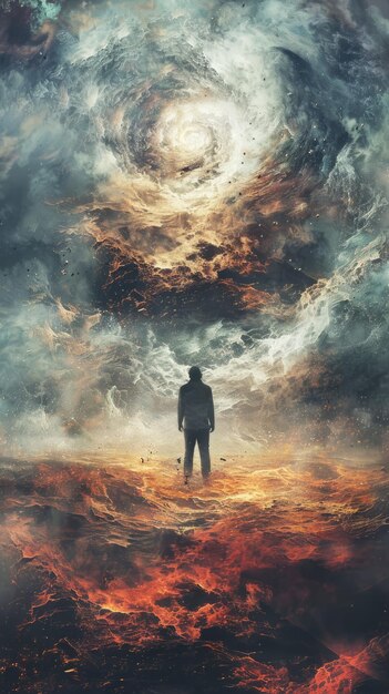 Hombre solitario de pie en un paisaje de lava derretida con un cielo tormentoso