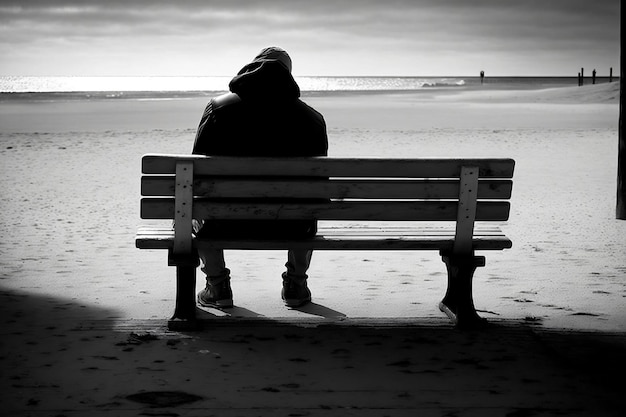 hombre solitario sentado en un banco estado de ánimo triste en blanco y negro